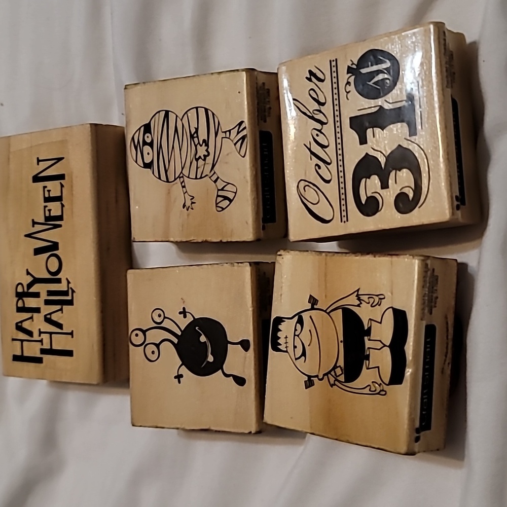 SET OF 5 Halloween THEMED wooden Rubber Stamps